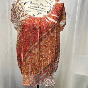 Short sleeve blouse, multi colored, orange, green, and white